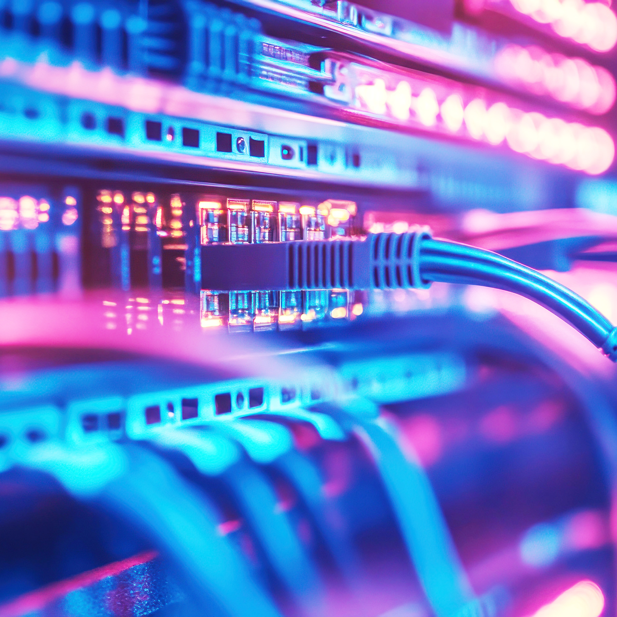 Blau-magenta gefärbte Rückansicht von Server-Stacks mit Fokus auf Netzwerkkabel.