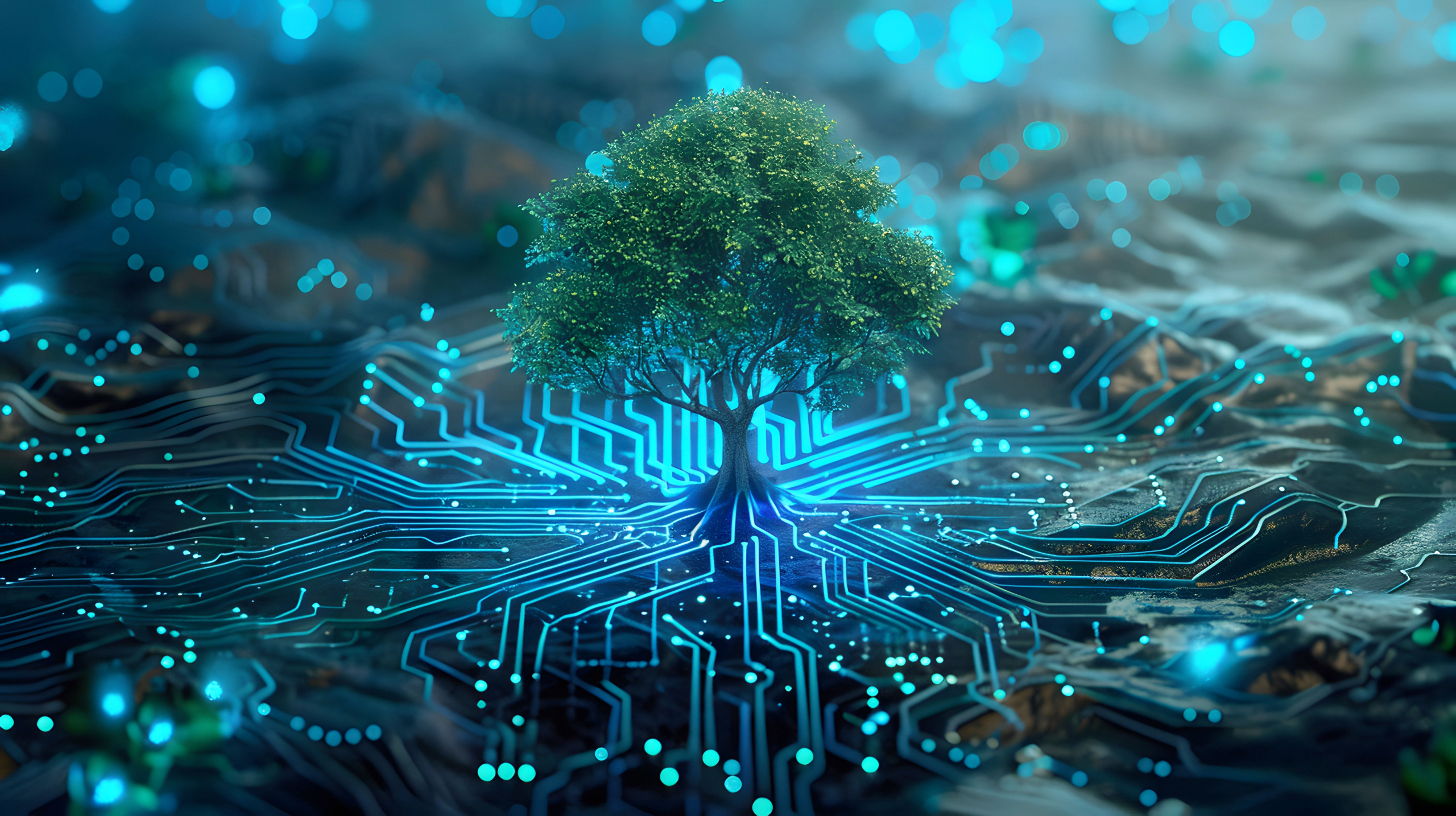 Ein Baum in Grün- und Blautönenen, um den herum Datenströme visualisiert werden.