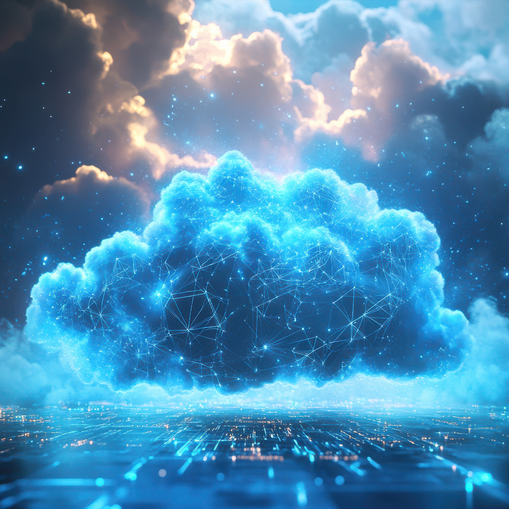 Wolke mit Datenpunkten und Datenströmen auf einem dunkelblauen Hintergrund über angedeuteter Stadt..