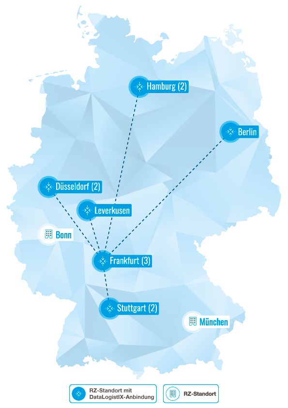 Rechenzentrenstandorte von ITENOS in Deutschland auf einer Deutschlandkarte